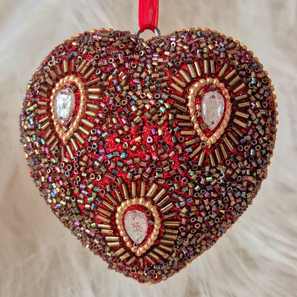 Handmade Beaded Heart Hanging Ornament Red Gold Jeweled Christmas Decor